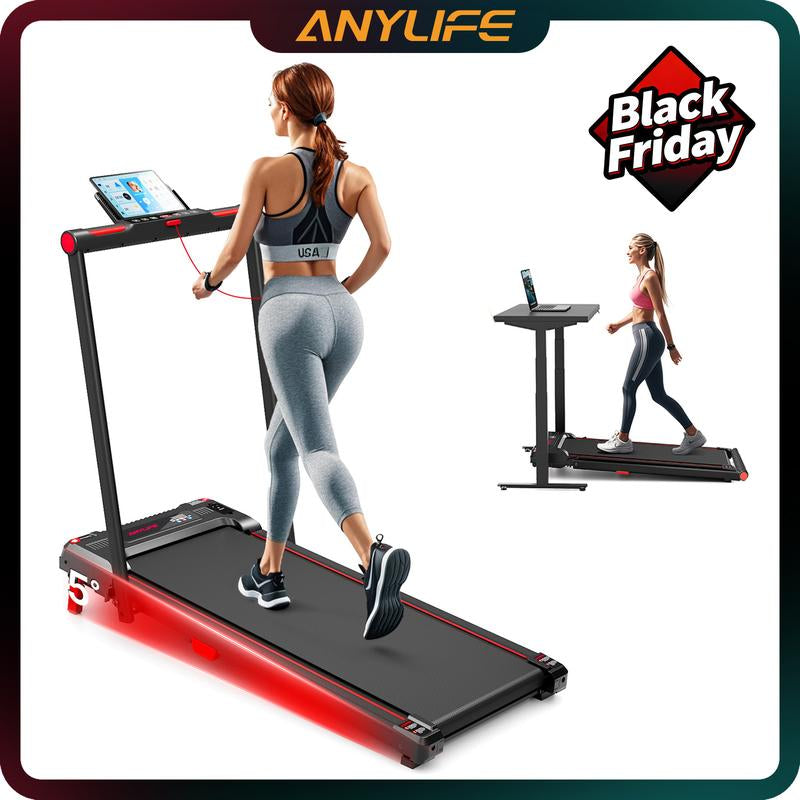 【Blackfriday】Anylife Treadmills Home with Foldable Handle Bar with Safety Clip, Flat/Incline under Desk Treadmill, Brushless Motor, Walking Pad, Exercise Equipment with Remote Control, 330 Lbs Capacity, with LED Display, D2