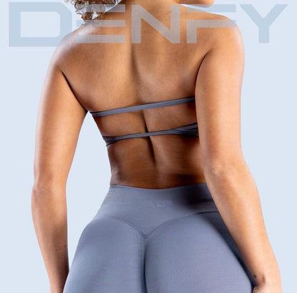 DENFY Impact Backless Bandeau Fitness Gymwear Women’S Padded Bandeau Sports Tube Top Sportswear Bra Strapless Wireless Solid Seamless Yoga Workout Bralette