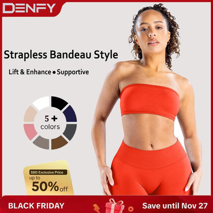 DENFY Impact Backless Bandeau Fitness Gymwear Women’S Padded Bandeau Sports Tube Top Sportswear Bra Strapless Wireless Solid Seamless Yoga Workout Bralette